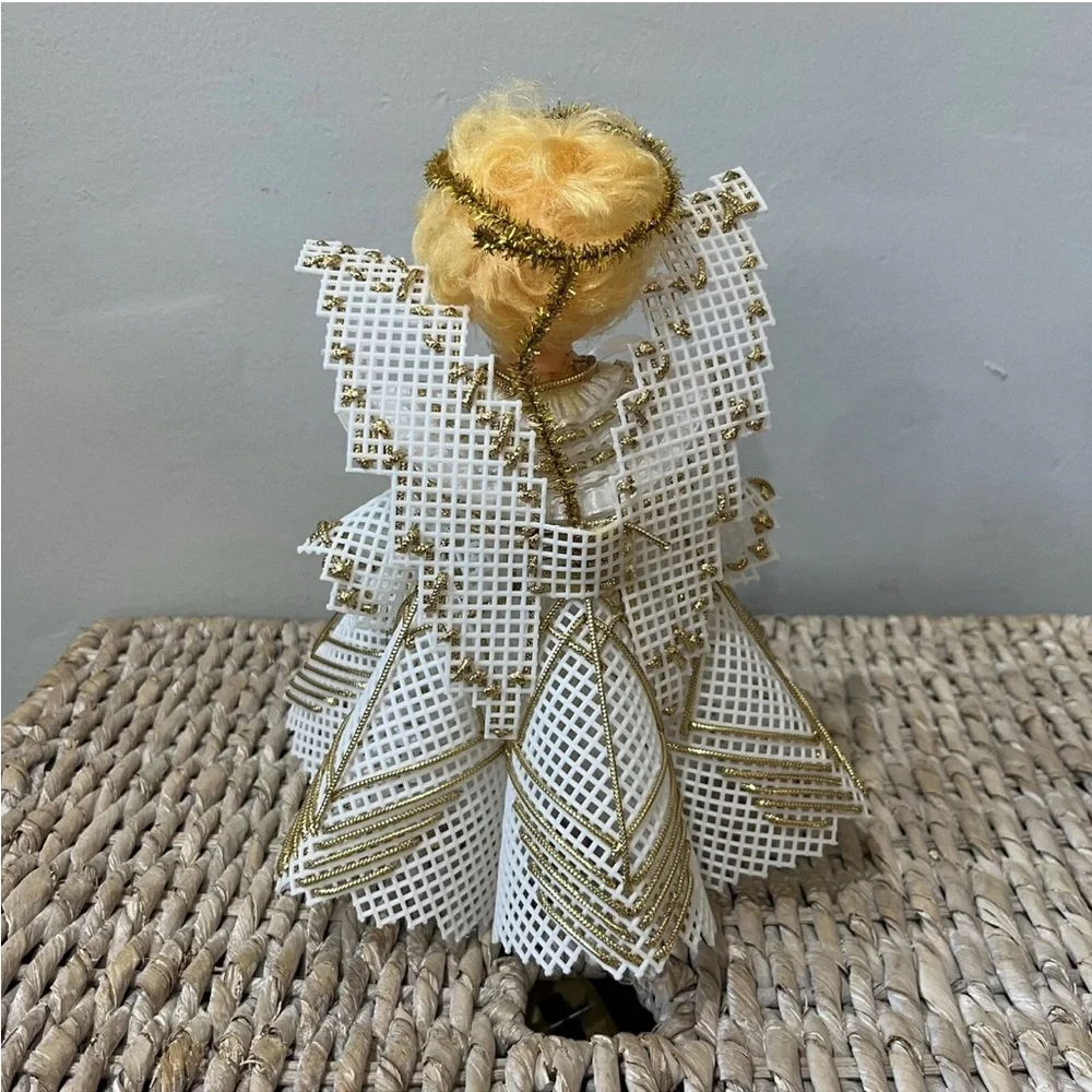 Vintage Angel Christmas Tree Topper White Gold Embelishments 8.5” Tall MCM blond